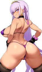 Rule 34 | 1girl, absurdres, artist request, ass, back, bare shoulders, bb (fate), bb (fate) (all), bb (swimsuit mooncancer) (fate), bb (swimsuit mooncancer) (second ascension) (fate), bead bracelet, beads, bikini, black gloves, black thighhighs, blush, bracelet, breasts, butt crack, choker, dark-skinned female, dark skin, earrings, fate/grand order, fate (series), from behind, gloves, grin, hair ornament, hair ribbon, hairband, highleg, highleg bikini, highres, jewelry, large breasts, long hair, looking at viewer, looking back, neck ribbon, purple bikini, purple eyes, purple hair, ribbon, shiny skin, skindentation, smile, smug, spread legs, star (symbol), star hair ornament, swimsuit, tan, thick thighs, thighhighs, thighs, toma50, toma fifty(トマ五十), very long hair
