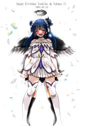 1girl, alternate hairstyle, ankle strap, arm garter, artist name, artist request, back bow, bare shoulders, birthday, black bow, black footwear, black high heels, black legwear, black skirt, black wings, blue hair, blush, boots, bow, breasts, brightest melody, choker, collarbone, double bun, dress, dual persona, earrings, eyes closed, female focus, frilled dress, frills, hair bow, hair bun, halo, happy birthday, heart (symbol), high heels, highres, jewelry, long hair, looking at viewer, love live!, love live! school idol festival, love live! sunshine!!, miniskirt, own hands together, parted lips, plaid, plaid dress, plaid skirt, pleated, pleated dress, pleated skirt, purple bow, ribbon, skirt, small breasts, smile, solo, tsushima yoshiko, twintails, white background, white bow, white choker, white dress, white legwear, white skirt, white wrist cuffs, wings, wrist cuffs