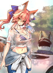 Rule 34 | 1girl, absurdres, animal ears, blurry, blurry background, bottle, bow, bra, breasts, breath, cleavage, closed mouth, collarbone, cowboy shot, fate/extra, fate (series), fox ears, fox girl, fox tail, hair bow, hand up, highres, long hair, looking at viewer, midriff, navel, see-through, short sleeves, sidelocks, smile, solo, standing, sweat, tail, tamamo (fate), tamamo no mae (fate/extra), underwear, wisespeak