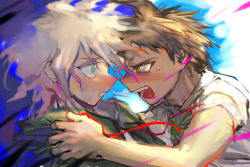Rule 34 | 2boys, absurdres, ahoge, angry, blush, brown eyes, brown hair, commentary, cross neko, crying, crying with eyes open, danganronpa (series), danganronpa 2: goodbye despair, eye contact, face-to-face, green jacket, grey hair, highres, hinata hajime, hood, hood down, hooded jacket, jacket, komaeda nagito, looking at another, male focus, multiple boys, open clothes, open jacket, open mouth, ribbon, shirt, short hair, short sleeves, shoulder grab, sketch, smile, spiked hair, tears, teeth, white hair, white shirt