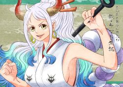 Rule 34 | 1girl, blue hair, breasts, clenched hand, club, club (weapon), commentary request, earrings, erichiyo op, green hair, hair ornament, highres, holding, holding weapon, horns, japanese clothes, jewelry, kanabou, kimono, looking at viewer, multicolored hair, one piece, ponytail, rope, shimenawa, sideboob, sidelocks, sleeveless, sleeveless kimono, smile, solo, translation request, v-shaped eyebrows, weapon, white hair, white kimono, yamato (one piece), yellow eyes