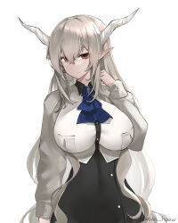 Rule 34 | 1girl, absurdres, alternate costume, arknights, artist name, ascot, black skirt, blue ascot, breasts, closed mouth, cropped jacket, grey hair, high-waist skirt, highres, horns, impossible clothes, impossible jacket, irkawaza, jacket, large breasts, long hair, long sleeves, looking at viewer, pointy ears, red eyes, shining (arknights), simple background, skirt, smile, solo, twitter username, very long hair, white background, white jacket