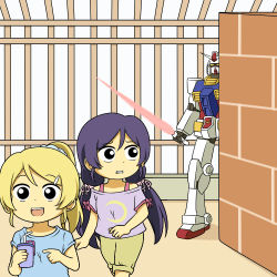 Rule 34 | 10s, 2girls, ayase eli, blonde hair, casual, comic, crescent, energy sword, gundam, hair ornament, hairclip, love live!, love live! school idol project, low twintails, lowres, mecha, mobile suit gundam, multiple girls, off-shoulder shirt, off shoulder, ponytail, purple hair, robot, rx-78-2, scrunchie, shiitake nabe tsukami, shirt, sword, tojo nozomi, twintails, weapon