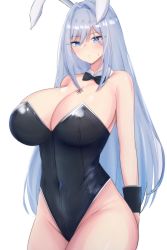 Rule 34 | 1girl, absurdres, animal ears, bare shoulders, blue eyes, blush, bow, bowtie, breast tattoo, breasts, covered navel, ethel (xenoblade), fake animal ears, grey hair, highres, huge breasts, latte, leotard, long hair, playboy bunny, rabbit ears, simple background, solo, sweatdrop, tattoo, upper body, very long hair, white background, wrist cuffs, xenoblade chronicles (series), xenoblade chronicles 3
