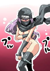 Rule 34 | 1girl, acquire, breast hold, breasts, covering privates, covering breasts, headband, highres, kunai, long hair, naked scarf, ninja, nude, nude cover, purple hair, red eyes, scarf, solo, tears, thighhighs, trembling, tukiwani, weapon, wizardry