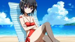 Rule 34 | 10s, 1girl, artist request, beach, black hair, boku wa tomodachi ga sukunai, breasts, casual one-piece swimsuit, cleavage, cloud, collarbone, covered navel, crossed arms, day, eyecatch, highres, looking at viewer, mikazuki yozora, ocean, one-piece swimsuit, outdoors, purple eyes, red one-piece swimsuit, screencap, short hair, sitting, sky, small breasts, solo, swimsuit, tattoo