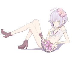 Rule 34 | 1girl, bare shoulders, boots, bow, bracelet, breasts, cleavage, commentary request, crop top, doremi, full body, hair bow, heart, heart belt, high heel boots, high heels, idolmaster, idolmaster cinderella girls, jewelry, korean commentary, koshimizu sachiko, legs, looking at viewer, miniskirt, purple hair, shirt, short hair, simple background, sitting, skirt, small breasts, smile, solo, thigh strap, tied shirt, toeless footwear, white background, yellow eyes