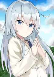 Rule 34 | 1girl, absurdres, ahoge, blue eyes, blue sky, cloud, day, evening rabbit, floating hair, hair between eyes, hibiki (kancolle), highres, jacket, kantai collection, long hair, long sleeves, looking at viewer, outdoors, silver hair, sketch, sky, solo, upper body, white jacket