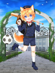 Rule 34 | 1boy, :d, animal, animal ears, ball, bandaid, bandaid on knee, bandaid on leg, baseball bat, baseball glove, beret, bird, black hat, black jacket, black shorts, blonde hair, blue eyes, blue footwear, blue necktie, blue sky, blush, building, cloud, collared shirt, copyright request, day, dog boy, dog ears, dog tail, fang, food, food on face, full body, hair between eyes, hat, highres, holding, holding baseball bat, jacket, male focus, necktie, open mouth, outdoors, rice, rice on face, school uniform, shikito (yawa0w0), shirt, shoes, short eyebrows, short shorts, shorts, sky, smile, soccer ball, socks, solo, standing, standing on one leg, tail, thick eyebrows, white shirt, white socks