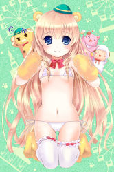 Rule 34 | 1girl, amagi brilliant park, angry, animal ears, animal hands, bikini, blonde hair, blue eyes, blush, bow, clenched hand, cosplay, drill hair, flat chest, gloves, heart, highres, kneeling, latifa fleuranza, long hair, looking at viewer, macaron (amaburi), moffle, moffle (cosplay), paw gloves, paw shoes, shinonome86, shoes, side-tie bikini bottom, solo focus, swimsuit, thighhighs, tiramii, very long hair, white thighhighs