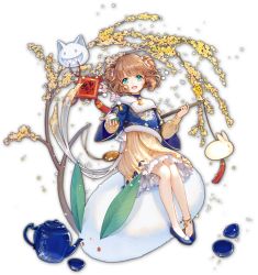 Rule 34 | 1girl, anklet, aqua eyes, artist request, blue footwear, branch, brown hair, choker, cup, double bun, game cg, hair bun, highres, hina momo, holding, holding stick, jewelry, leaf, looking at viewer, mahjong soul, official art, open mouth, plant, simple background, smile, solo, stick, tassel, teacup, teapot, third-party source, transparent background, yostar