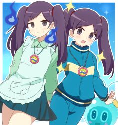 Rule 34 | 2girls, apron, aquaman.exe, blue background, blue jacket, blue pants, blue skirt, blush, border, collared shirt, commentary request, cowboy shot, curakuru, dual persona, frown, green apron, green shirt, grey eyes, highres, hitodama, jacket, long hair, long sleeves, mega man (series), mega man battle network (series), mega man battle network 4, mega man battle network 6, miniskirt, multiple girls, outside border, pants, parted lips, partial commentary, patchwork clothes, pleated skirt, purple hair, shirt, shuko kido (mega man), skirt, sparkle, sweatdrop, track jacket, track pants, track suit, twintails, white border