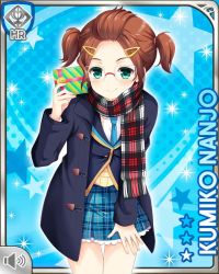 Rule 34 | 1girl, blue background, blue jacket, blue necktie, brown hair, card, character name, closed mouth, gift, girlfriend (kari), glasses, green eyes, hair ornament, hairclip, holding, jacket, looking at viewer, nanjo kumiko, necktie, official art, plaid, plaid skirt, qp:flapper, scarf, school uniform, skirt, smile, solo, tagme, twintails, v-shaped eyebrows, vest, yellow vest