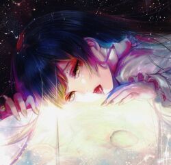 Rule 34 | 1girl, aquarius (constellation), aries (constellation), black hair, cancer (constellation), commentary request, constellation, frilled sleeves, frills, head rest, highres, houraisan kaguya, kyogoku-uru, leo (constellation), long hair, long sleeves, looking at viewer, moon, on moon, open mouth, pisces (constellation), red lips, shirt, solo, space, taurus (constellation), tongue, tongue out, touhou, upper body, virgo (constellation), white shirt, yellow eyes, yellow nails