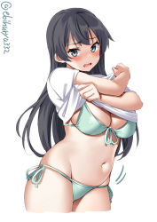 Rule 34 | 1girl, agano (kancolle), bikini, black hair, blush, breasts, cleavage, clothes lift, commentary request, cowboy shot, ebifurya, front-tie bikini top, front-tie top, green bikini, green eyes, highres, kantai collection, large breasts, long hair, looking at viewer, navel, open mouth, shirt, shirt lift, side-tie bikini bottom, simple background, solo, stomach, swimsuit, twitter username, white background, white shirt