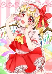 Rule 34 | 1girl, blonde hair, bloomers, blush, cowboy shot, ascot, eating, fang, flandre scarlet, food, hand on own cheek, hand on own face, hat, hat ribbon, highres, looking at viewer, macaron, mob cap, open mouth, pastel (iero-guri-nn), petticoat, puffy short sleeves, puffy sleeves, red eyes, ribbon, short hair, short sleeves, side ponytail, skirt, skirt set, slit pupils, smile, solo, striped, striped background, touhou, underwear, wings