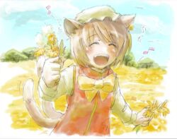 Rule 34 | 1girl, bad id, bad pixiv id, chen, closed eyes, field, flower, flower field, music, open mouth, singing, touhou