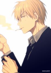 Rule 34 | 1boy, black necktie, blonde hair, collared shirt, commentary, earrings, formal, hoop earrings, jewelry, kise ryouta, kuroko no basuke, long sleeves, looking at viewer, male focus, mashima shima, necktie, parted lips, shirt, short hair, smoke, smoking, solo, suit, symbol-only commentary, twitter username, upper body, white background, yellow eyes