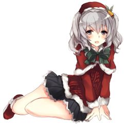 Rule 34 | 10s, 1girl, alternate costume, aran sweater, cable knit, capelet, hat, kantai collection, kashima (kancolle), kinona, long hair, santa costume, santa hat, silver hair, skirt, smile, solo, sweater, twintails, wavy hair