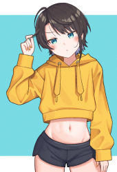 Rule 34 | 1girl, ahoge, apple (zdj0266), aqua background, aqua eyes, arm at side, baggy clothes, black shorts, brown hair, closed mouth, contrapposto, cowboy shot, cropped hoodie, drawstring, groin, hand up, head tilt, highres, holding, holding hair, hololive, hood, hoodie, jitome, light blush, light frown, long sleeves, looking at hand, midriff, multicolored nails, nail polish, navel, oozora subaru, orange hoodie, outside border, oversized clothes, short hair, short shorts, shorts, simple background, solo, swept bangs, virtual youtuber