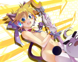 Rule 34 | 1boy, animal ears, bad id, bad pixiv id, bell, blonde hair, blue eyes, blush, bow, cat boy, cat ears, cat tail, censored, collar, convenient censoring, gloves, hair bow, hair ribbon, jingle bell, kagamine len, magical nuko-lenlen (vocaloid), male focus, neck bell, nude, open mouth, potchi, ribbon, solo, staff, tail, teeth, thighhighs, trap, upper teeth only, vocaloid, white thighhighs