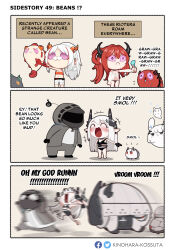 Rule 34 | 1other, 3girls, 3koma, :c, ambiguous gender, arknights, artist name, bikini, black bikini, black coat, black gloves, black horns, closed eyes, closed mouth, coat, comic, commentary, doctor (arknights), dragon bubble (arknights), dusk (arknights), english commentary, english text, food, gloves, high ponytail, highres, holding, holding food, holding ice cream, hood, hooded coat, horns, ice cream, kinohara kossuta, long hair, motion blur, mudrock (arknights), multiple girls, nian (arknights), open mouth, pointing, pointy ears, red hair, red horns, red tube top, running, short shorts, shorts, strapless, surtr (arknights), swimsuit, tube top, white hair, white shorts