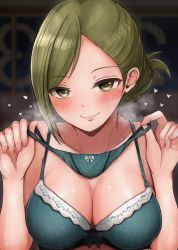 Rule 34 | 1girl, absurdres, bare shoulders, blurry, blush, bow, bow bra, bow panties, bra, breasts, breath, cleavage, closed mouth, collarbone, depth of field, folded ponytail, green bra, green eyes, green hair, green panties, heart, heart print, highres, holding, holding clothes, holding panties, holding underwear, idolmaster, idolmaster shiny colors, lace, lace-trimmed bra, lace-trimmed panties, lace trim, large breasts, lingerie, looking at viewer, mebunryo (mebunryo2), nanakusa hazuki, night, office, panties, revision, smile, solo, underwear, upper body