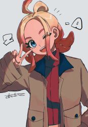 1girl :d ahoge asatte_3z blonde_hair blue_eyes brown_jacket commentary_request copyright_name creatures_(company) eyelashes game_freak grey_background hair_bun hand_up happy highres jacket long_sleeves medium_hair nintendo one_eye_closed open_mouth pokemon pokemon_legends:_z-a red_sweater ribbed_sweater sidelocks signature simple_background smile solo sweater taunie_(pokemon) teeth tongue turtleneck turtleneck_sweater upper_body upper_teeth_only v