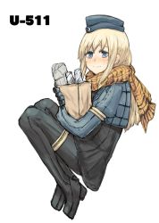 Rule 34 | 1girl, bag, black footwear, black pantyhose, blonde hair, blue eyes, blush, boots, character name, cropped jacket, full body, garrison cap, hat, highres, holding, holding bag, kantai collection, long hair, pantyhose, plaid, plaid scarf, puffy sleeves, scarf, school swimsuit, shopping bag, smile, solo, suzuya kirie, swimsuit, thigh boots, thighhighs, u-511 (kancolle)