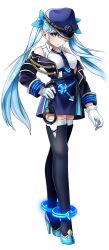 Rule 34 | 1girl, blue eyes, blue hair, chojo: crypto girls arena, full body, gloves, hat, necktie, official art, solo, transparent background, twintails, urawa shion