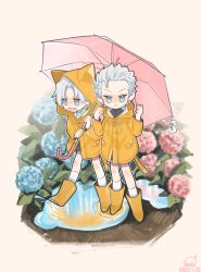 Rule 34 | 2boys, blue eyes, boots, boots toast, dante (devil may cry), devil may cry (series), flower, highres, jacket, long hair, multiple boys, pale skin, rain, raincoat, rubber boots, umbrella, vergil (devil may cry), white hair