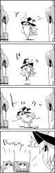 Rule 34 | 4koma, ^^^, arms up, bow, bucket, cirno, comic, commentary request, greyscale, hair bobbles, hair bow, hair ornament, hat, hat bow, highres, ice, ice wings, in bucket, in container, kirisame marisa, kisume, monochrome, no humans, smile, sparkle, spinning, tani takeshi, touhou, translation request, twintails, wings, witch hat, wooden bucket, yukkuri shiteitte ne