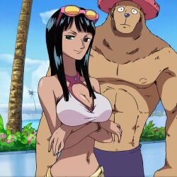 Rule 34 | abs, big nose, bikini, black hair, blue eyes, blue nose, breasts, brown hair, crossed arms, dark skin, glasses, hat, large breasts, long hair, navel, nico robin, one piece, plunging neckline, smile, swimsuit, tony tony chopper