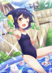Rule 34 | 1girl, :&lt;, ;d, = =, ahoge, armpits, blue hair, blush, building, closed mouth, collarbone, competition school swimsuit, covered navel, day, dual wielding, dutch angle, fang, fence, gloom (expression), gochuumon wa usagi desu ka?, hair ornament, head tilt, highres, holding, innertube, jouga maya, kasehk, looking at viewer, one-piece swimsuit, one eye closed, open mouth, outdoors, outstretched arm, plant, school swimsuit, short hair, sitting, smile, sparkle, sunlight, swim ring, swimsuit, tippy (gochiusa), triangle mouth, trigger discipline, two side up, wading pool, water, water drop, water gun, wet, wild geese, window, wooden fence, x hair ornament, yellow eyes