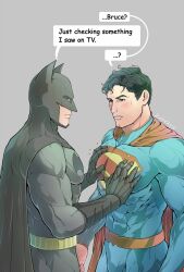 Rule 34 | 2boys, artist name, bara, batman, batman (series), black cape, black gloves, black hair, blue bodysuit, bodysuit, bruce wayne, cape, clark kent, closed mouth, covered abs, dc comics, english text, evinist, gloves, grabbing, grey background, grey bodysuit, highres, large pectorals, looking at another, male focus, mask, multiple boys, muscular, muscular male, pectoral grab, pectorals, red cape, short hair, simple background, superman, superman (series), yaoi