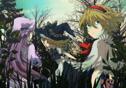 Rule 34 | 3girls, alice margatroid, blonde hair, blue eyes, bow, braid, capelet, female focus, forest, from behind, hairband, hat, hat bow, kirisame marisa, long hair, looking at viewer, looking back, mattie, multiple girls, nature, patchouli knowledge, purple hair, short hair, sky, smile, touhou, upper body