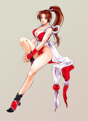 Rule 34 | 1girl, breasts, brown hair, cleavage, fatal fury, japanese clothes, long hair, ma0, no panties, pelvic curtain, ponytail, revealing clothes, shiranui mai, snk, solo, the king of fighters