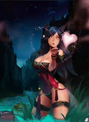 Rule 34 | 1boy, 2girls, ahri (league of legends), animal ears, annie (league of legends), bare shoulders, black hair, blowing kiss, breasts, cleavage, facial mark, fox ears, fox tail, heart, highres, instant ip, large breasts, league of legends, long hair, multiple girls, night, parted lips, revision, tail, teemo, thighs, water, when you see it, whisker markings, yellow eyes