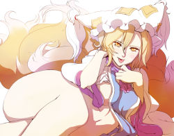 Rule 34 | 1girl, :p, bare legs, blonde hair, bottomless, breasts, dearmybrothers, female focus, fox tail, hat, multiple tails, navel, partially undressed, short hair, solo, tabard, tail, tongue, tongue out, touhou, yakumo ran, yellow eyes