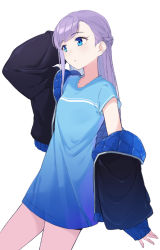 Rule 34 | 1girl, black jacket, blue eyes, blue shirt, blush, braid, breasts, casual, coffeekite, fate/extra, fate/extra ccc, fate/grand order, fate (series), french braid, highres, jacket, long hair, long sleeves, looking to the side, meltryllis (fate), off shoulder, open clothes, open jacket, purple hair, shirt, short sleeves, small breasts, thighs, very long hair, white background