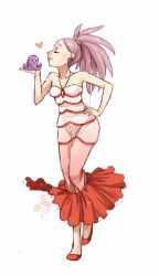 Rule 34 | 1girl, animal, bare arms, bare shoulders, closed eyes, dress, earrings, food-themed clothes, full body, hand on own hip, heart, holding, jewelry, lips, long hair, meago, necklace, octopus, original, personification, ponytail, profile, purple hair, signature, simple background, sketch, solo, strapless, strapless dress, themed object, white background