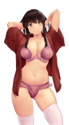 Rule 34 | 1girl, akagi (kancolle), arms up, blush, bra, breasts, brown eyes, brown hair, cleavage, collarbone, highres, kantai collection, large breasts, long hair, looking to the side, navel, open clothes, open shirt, panties, pink bra, pink panties, red shirt, shirt, short sleeves, simple background, smile, solo, straight hair, thighhighs, thighs, underwear, wa (genryusui), white background, white thighhighs