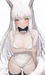 Rule 34 | 1girl, absurdres, animal ears, arknights, bare shoulders, black thighhighs, blush, bow, bowtie, breasts, cleavage, closed mouth, collarbone, detached collar, highres, leotard, medium breasts, platinum (arknights), solo, tab head, tail, thigh gap, thighhighs, thighs, white bow, white bowtie, white hair, white leotard