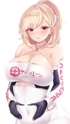 Rule 34 | 1girl, absurdres, azur lane, bare shoulders, black gloves, black sleeves, blonde hair, blush, breasts, choker, cleavage, collarbone, commentary request, covered navel, criss-cross halter, detached sleeves, gloves, hair ornament, halterneck, hands on own stomach, highres, large breasts, leotard, long hair, looking at viewer, nit tntnt, parted lips, prince of wales (azur lane), prince of wales (the laureate&#039;s victory lap) (azur lane), race queen, red eyes, sidelocks, simple background, skin tight, skindentation, smile, solo, swept bangs, upper body, white background, white choker, white leotard