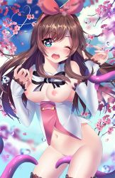Rule 34 | 1girl, ;o, artist name, bare shoulders, between legs, black ribbon, blue eyes, blue sky, blurry, blush, bottomless, breasts, breasts out, brown hair, censored, cherry blossoms, cowboy shot, day, depth of field, detached collar, detached sleeves, groin, hair ribbon, heart, heart-shaped pupils, heart of string, highres, holding another&#039;s wrist, kizuna ai, kizuna ai inc., long hair, long sleeves, looking at viewer, medium breasts, mosaic censoring, multicolored hair, navel, neck ribbon, nipples, nose blush, one eye closed, open mouth, outdoors, pink hair, pink ribbon, ribbon, round teeth, sky, sleeves past wrists, solo, squchan, standing, stomach, symbol-shaped pupils, teeth, tentacles, thighs, two-tone hair, virtual youtuber, water drop
