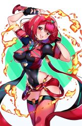 Rule 34 | 1girl, black gloves, breasts, chest jewel, earrings, fingerless gloves, gloves, highres, jewelry, large breasts, pyra (xenoblade), red eyes, red hair, red shorts, red thighhighs, short hair, short shorts, shorts, swept bangs, thighhighs, tiara, xenoblade chronicles (series), xenoblade chronicles 2, yagi (kyuhyun)