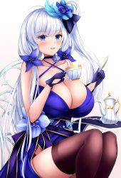 Rule 34 | 1girl, absurdres, azur lane, bare shoulders, blue choker, blue eyes, blue flower, blue gloves, blue rose, breasts, choker, cleavage, criss-cross halter, cup, dress, evening gown, flower, gintokyhenry, gloves, hair flower, hair ornament, halterneck, highres, holding, holding saucer, huge breasts, illustrious (azur lane), illustrious (never-ending tea party) (azur lane), long hair, looking at viewer, official alternate costume, rose, saucer, simple background, sitting, skindentation, sleeveless, sleeveless dress, solo, teacup, teapot, thighhighs, very long hair