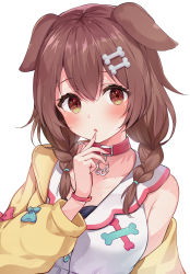 Rule 34 | 1girl, :o, absurdres, animal ears, blue bow, blush, bone hair ornament, bow, braid, breasts, brown eyes, brown hair, cartoon bone, collar, collarbone, commentary request, dog ears, dress, finger to mouth, hair between eyes, hair ornament, hair over shoulder, hand up, highres, hololive, inugami korone, inugami korone (1st costume), jacket, long hair, long sleeves, looking at viewer, medium breasts, off shoulder, open clothes, open jacket, parted lips, racchi., red bow, red collar, simple background, sleeveless, sleeveless dress, solo, twin braids, upper body, virtual youtuber, white background, white dress, yellow jacket