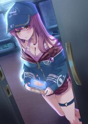 Rule 34 | 1girl, bikini, bikini under clothes, black headwear, black jacket, blush, breasts, cleavage, closed mouth, doorway, embarrassed, heart o-ring, heterochromia, highres, hololive, hood, hooded jacket, houshou marine, houshou marine (summer), jacket, lips, long hair, looking at viewer, medium breasts, night, o-ring, o-ring thigh strap, official alternate costume, opening door, partially unzipped, pov doorway, red eyes, red hair, shorts, solo, swimsuit, thigh strap, virtual youtuber, yaho image3, yellow eyes