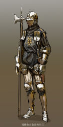Rule 34 | 1other, absurdres, ambiguous gender, armor, armored boots, arms at sides, blue shirt, boots, brown background, couter, covered face, crest, dagger, faulds, full body, gauntlets, gloves, gradient background, halberd, helm, helmet, highres, holding, holding polearm, holding weapon, japanese text, jewelry, knee pads, knife, neck bell, necklace, nisetanaka, original, other focus, polearm, sheath, sheathed, shirt, simple background, sketch, solo, standing, translation request, weapon, white footwear, white gloves, white headwear